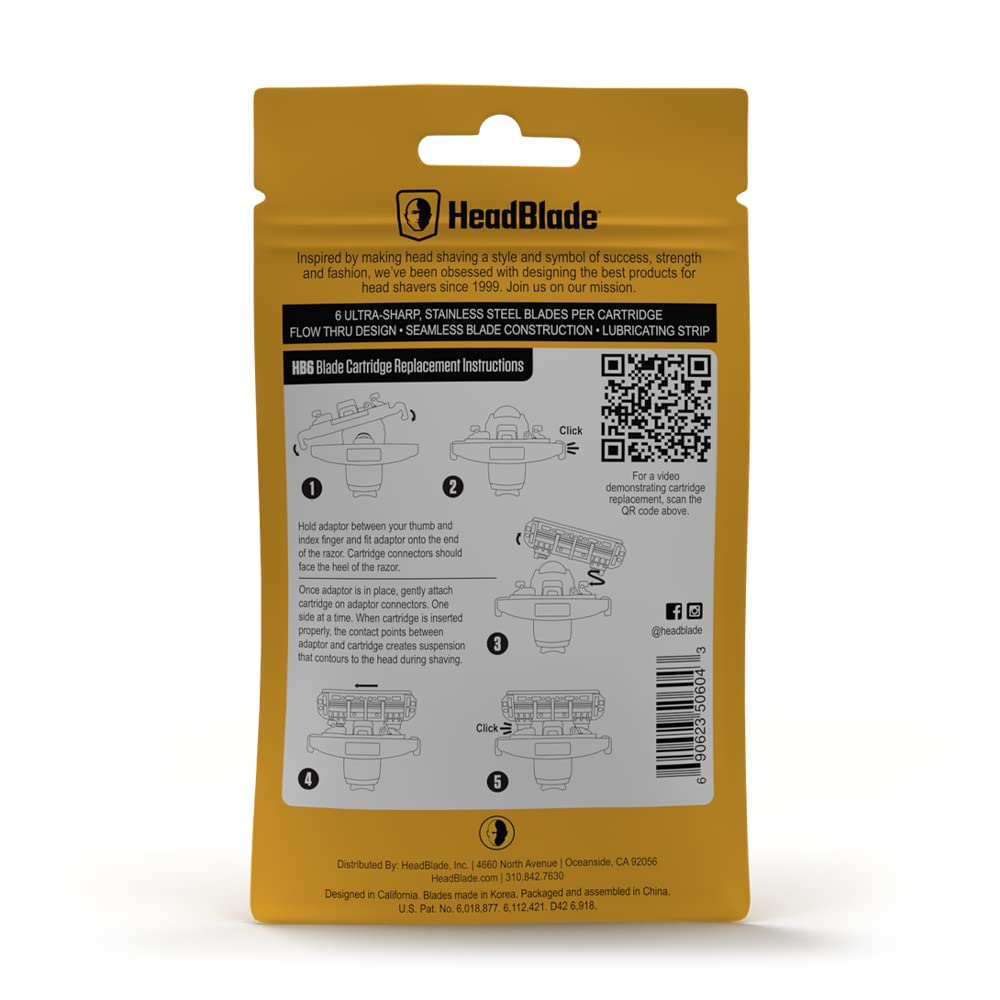 HeadBlade Men's HB6 Refill Shaving Razor Blades - 6 Stainless Steel Blades for No Tugging or Pulling, Shave Less, Works for Face, Body, and Scalp (4 Blades) 1 Pack