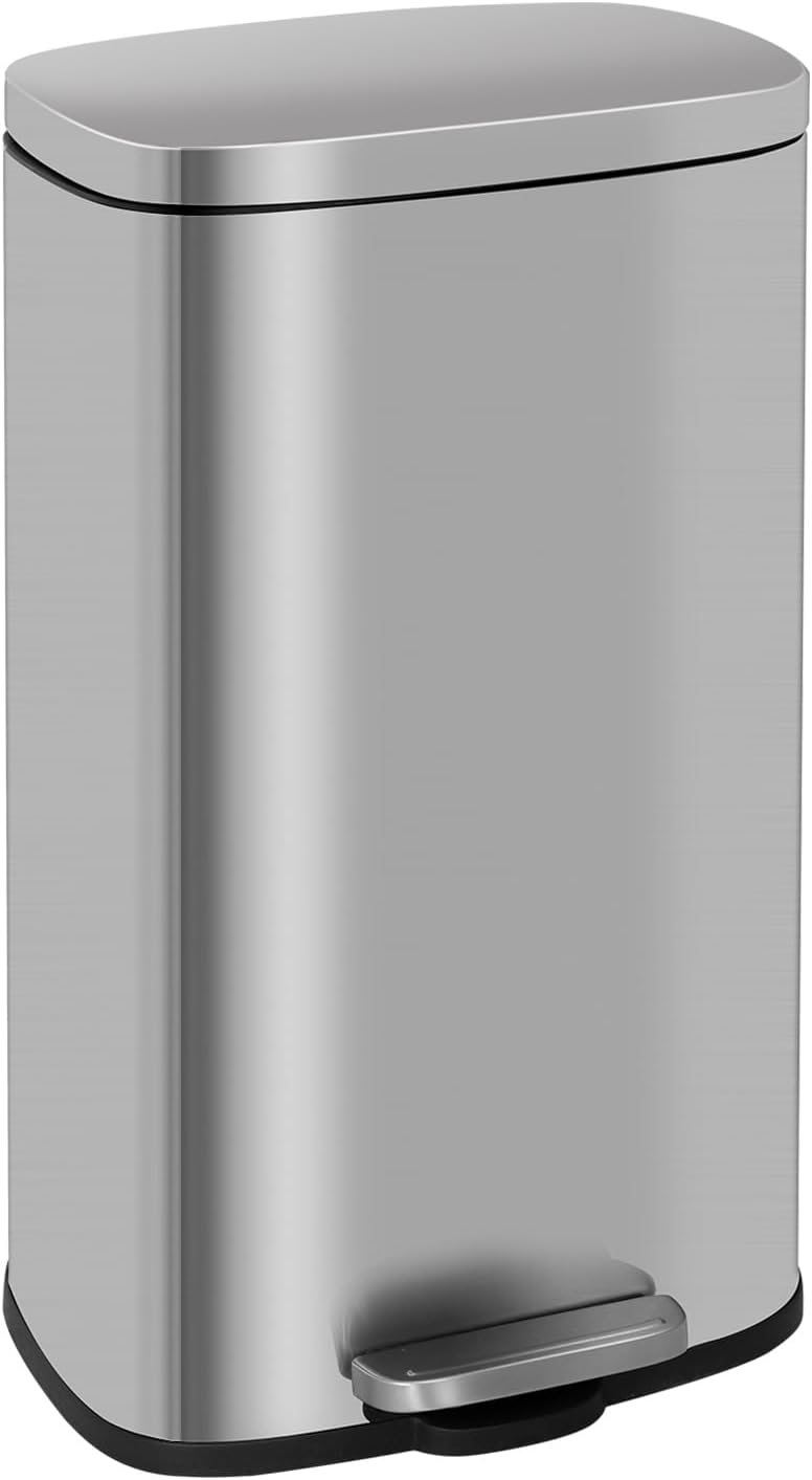 FDW | 13 Gallon Trash Can with Lid | Steel | Fingerprint-Proof | Made of Brushed Stainless Steel | Soft-Close Step Pedal | Hands-Free Use | Easy to Clean | for Kitchen, Office, Bathroom