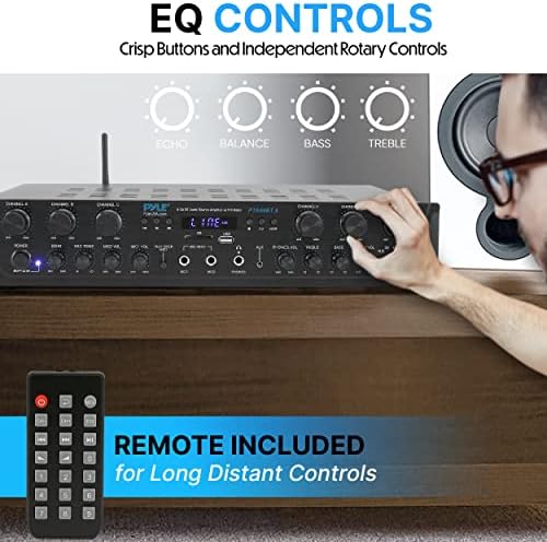 Pyle Bluetooth Home Audio Amplifier - 6 Channel Stereo Receiver Amp, 600 Watt Power, Commercial or Karaoke with Mic Talkover, Headphone Jack