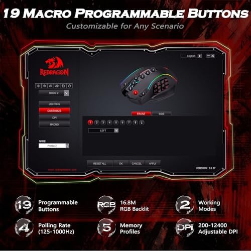 Redragon Gaming Mouse, MMO Mouse Gaming UP 12400 DPI, 19 Macro Programmable Buttons, RGB Mouse with 12 Side Buttons, 8 * 2.4g Weight Tuning for PC Laptop MOBA FPS, M901K, Black