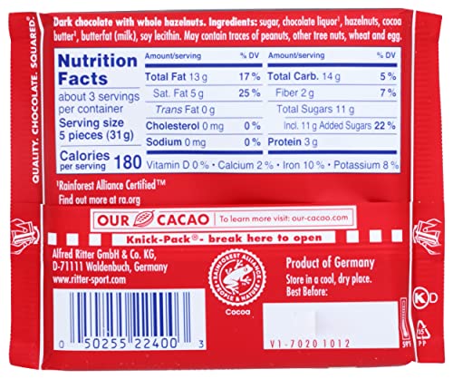 Ritter Sport Chocolate Bars with Nuts (Dark Chocolate with Hazelnuts, 3.5 Ounce (Pack of 10))