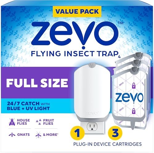 Zevo Flying Insect Trap for Fruit Flies & Gnats, 1 Base & 1 Refills | Fly Trap Catches House Flies, Gnats & Fruit Flies 24/7, Spray-Free, Odor-Free, Blue & UV Light, Safe for Kids & Pets*