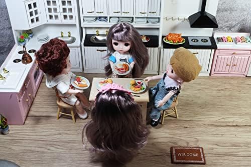 Mixed 5 Assorted Breakfast Dollhouse Miniature Food Set (1/6 Scale) – Sausage, Salmon Steak, Bacon, Burger & Fried Egg on Ceramic Plates