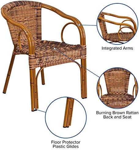 EMMA + OLIVER Brown Rattan Patio Chair with Dark Red Bamboo | Durable Construction, Commercial Use