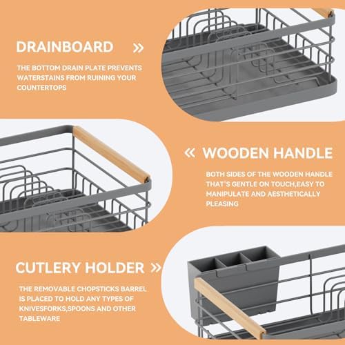 BRIAN & DANY Dish Drying Rack, Dish Racks for Kitchen Counter, Stainless Steel Dish Drainer with Removable Cutlery Holder & Drainboard, White