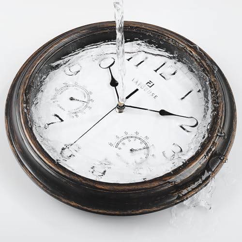 Lafocuse 12 Inch Brown Outdoor Wall Clocks with Temperature and Humidity