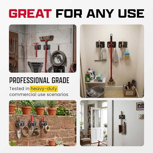 Wall Mount Hanger for Brooms & Mops - Adhesive Stainless Steel Mops & Broom Holder, 4 Clamps, 3 Hooks