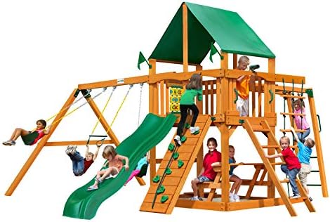 Gorilla Playsets 01-0020-AP-1 Navigator Wooden Swing Set with Deluxe Green Vinyl Canopy, Monkey Bars, Swings, and Slide, Brown
