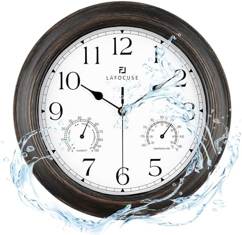 Lafocuse 12 Inch Brown Outdoor Wall Clocks with Temperature and Humidity