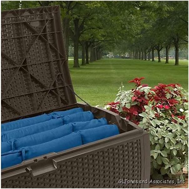 Suncast Outdoor Storage Box - 73 Gallon Mocha Brown Deck Box for Patio, weather-resistant Outdoor Storage Bench, Resin Wicker Style, Heavy-Duty, Lockable Lid for Cushions, Shoes, Pool & Garden Gear