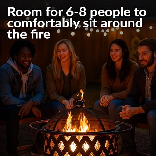 Sunnydaze Crossweave Large Outdoor Fire Pit, Wood Burning, Round, 36" | Black, Heavy Duty Steel Metal, Patio Fire Pit with Spark Screen, Poker, & Cover, Wood Firepit for Outside, Backyard, or Deck
