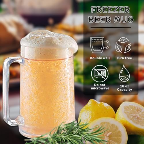 luxail Beer Mugs For Freezer, Double Wall Insulated Plastic Beer Glasses – Freezer Mugs, 16 oz – Perfect Frozen Beer Mugs for Home Bar Accessories