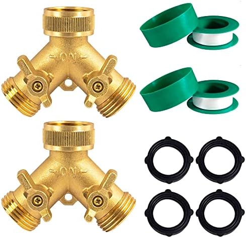 Hourleey Brass Garden Hose Splitter (4 Way), Solid Brass Hose Connector 3/4", Hose Spigot Adapter 4 Valves with 4 Extra Rubber Washers