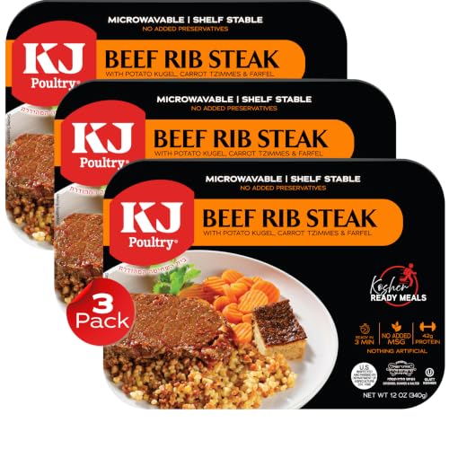 KJ Poultry Kosher Ready Meals - Beef Rib Steak & Kugel, MRE Meat Meals Ready to Eat, Shabbos Food (1 Pack) Prepared Entree Fully Cooked, Shelf Stable Microwave Dinner Travel Military Camping Survival