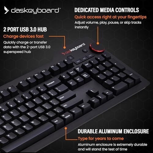 Das Keyboard 4 Professional for Mac Wired Mechanical Keyboard, Cherry MX Blue Mechanical Switches, 2-Port USB 3.0 Hub, Volume Knob, Aluminum Top (104 Keys, Black)