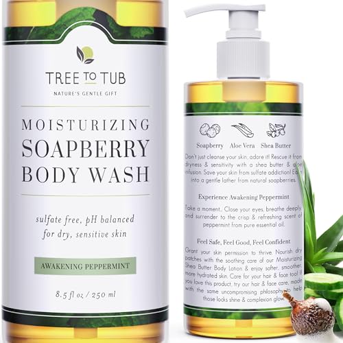 Tree To Tub Soapberry Body Wash for Dry, Sensitive Skin, pH 5.5, 8.5 Fl Oz | Sulfate & Paraben-Free, Rich Lather, Fragrance-Free, Shea Butter & Aloe Vera, Vegan & Cruelty-Free, Gentle for Daily Use