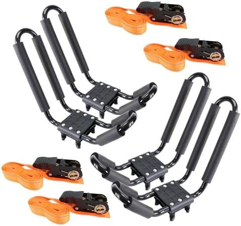 2 Pairs Heavy Duty Kayak Roof Rack J-Bar Carrier Holder - Includes 4 Pcs Ratchet for Canoe, SUV, Cars, Truck, Surf Ski