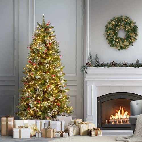 National Tree Company 7.5ft Pre-Lit Wintry Pine Medium Christmas Tree | 650 Clear Lights, 831 Tips, Flocked, Pinecones, Red Berries, Includes Stand, Green