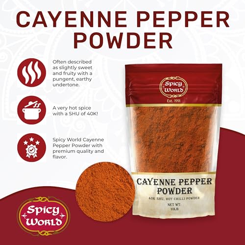 Spicy World Cayenne Pepper Powder Ground Chili Pepper 10 Pound Bulk Bag- 40K SHU, Hot Chilli Powder