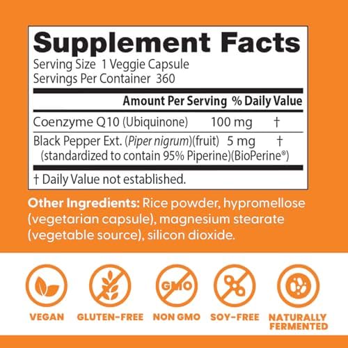 Doctor's Best High Absorption CoQ10 with BioPerine Supplement - Coenzyme Q10 Caps for Heart Health & Antioxidant Support, CoQ10 100mg for Women & Men, Non GMO, Naturally Fermented - 120 Veg Capsules