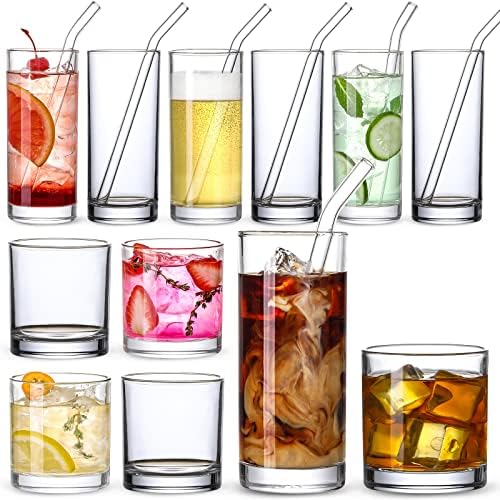 [ 12 Pack ] Glass Cups with Glass Straws, 12oz Highball & Rock Drinking Glasses, Everyday Drinkware Glasses Set, Cute Tumbler Cup