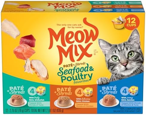 Meow Mix Paté & Shreds Wet Cat Food Variety Pack, Seafood & Poultry Favorites, 2.75 Ounce Cup (Pack of 12)