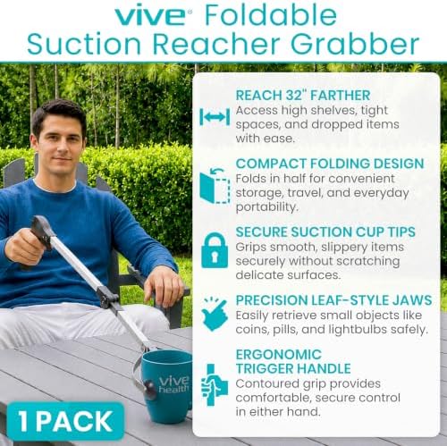 Vive Foldable Suction Reacher Grabber Tool for Elderly (1) - 32 Inches Long Reach Grabber Claw - Pick Up Grab Tool - Reachers for Disabled & Seniors