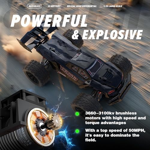 Hosim Mini 1:8 Brushless RC Cars for Adults, VEXARO 50+MPH Fast RC Trucks | 3660 3100KV Brushless Motor & 80A ESC, 2* 2600mAh 3S Lipo, Chrome Steel Central Transmission, All-Metal Oil-filled Shocks