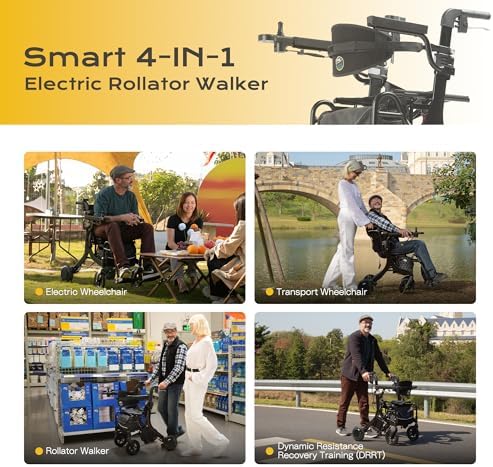 4 in 1 Rollator Walker Electric Wheelchair Combo, Electric Rollator Walker with Power Assist, Foldable Lightweight Transport Wheelchair