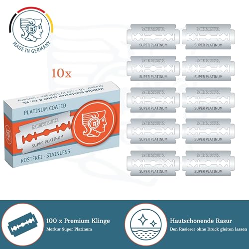 MERKUR SUPER Double Edge Safety Razor Blades, 10 Count (Pack of 3), Precision Stainless Steel Blades with Platinum and Teflon Coating