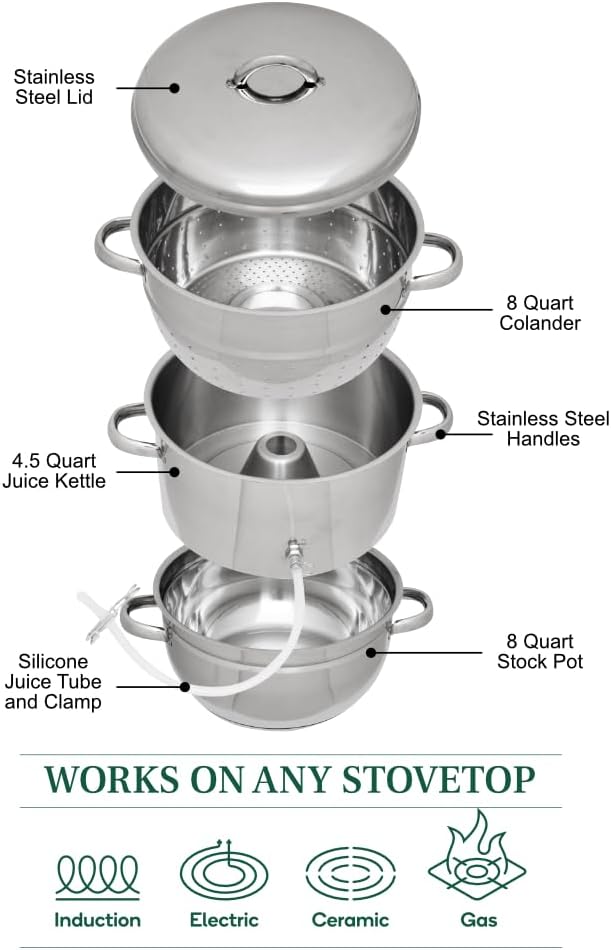 VINEYARD Deluxe Stainless Steel Steam Juicer & Roaster Set - Induction Friendly, Tempered Glass Lid, Cool-Touch Handles, 8 Quart Capacity
