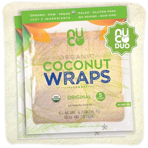 NUCO Organic Coconut Wraps, Original - Gluten Free, Low Carb, Vegan, 10 Ct | Paleo, Non-GMO, Dairy-free, Kosher, No Salt Added, Yeast-free