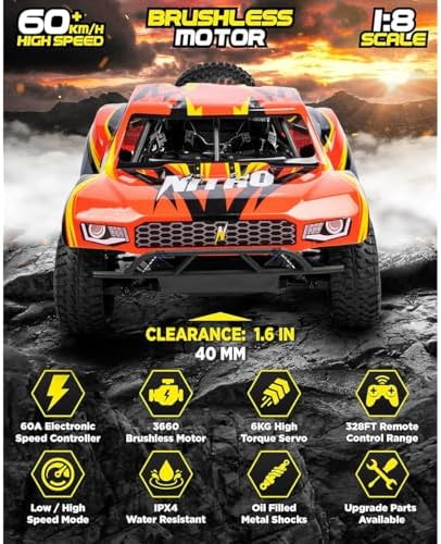 1/8 Scale Brushless RC Cars for Adults，Max 40mph Electric Off-Road Monster Truck