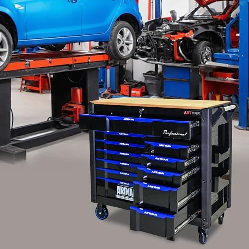 12-Drawer Rolling Tool Chest with Wood Top, Heavy Duty Cabinet | Heavy-duty metal tool chest with 12 drawers
