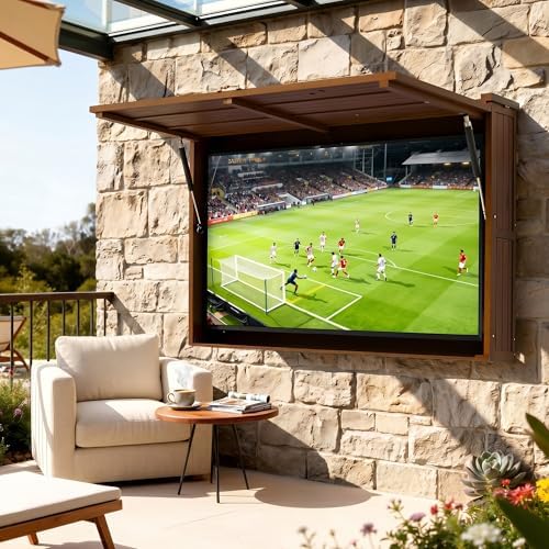 Outdoor TV Enclosure, Fit for 32-55 Inch TV, Solid Wood Wall-Mounted TV Cabinet with Dual-Arm Steel Bracket, Includes 600D TV Cover (Walnut Color)
