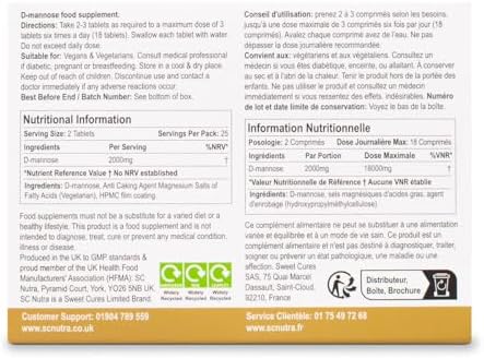 D-Mannose Tablets 1000mg - Waterfall D-Mannose sourced Naturally from Birch - 50 Tablets - SC Nutra (Sweet Cures)