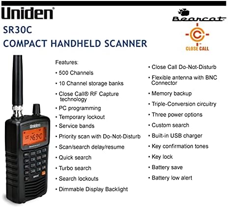 Uniden Bearcat SR30C, 500-Channel Compact Handheld Scanner, Close Call RF Capture, Turbo Search, PC programable, NASCAR, Racing, Aviation, Marine