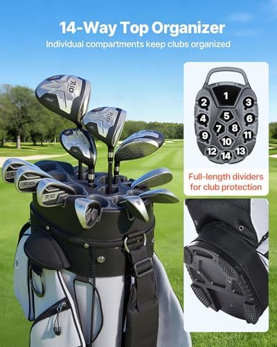 VEVOR Golf Cart Bag, 14 Way Molded Lock Top Divider Organizer, Golf Club Bag with Full-Length Divider, Handles, Storage Pockets, Shoulder Strap, Rain Hood, Smooth Zippers for Men & Women