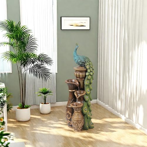 LuxenHome 44" Peacock Outdoor Water Fountain with Lights, Garden Waterfall