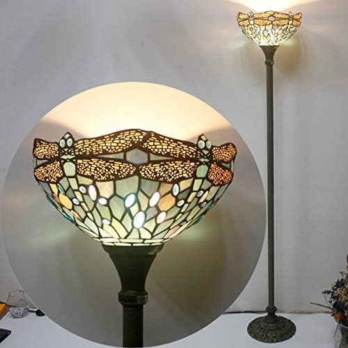 WERFACTORY Tiffany Floor Lamp Sea Blue Stained Glass Torchiere Pole Light | 12X12X71 Inches Dragonfly Standing Corner Torch Uplight Decor Bedroom