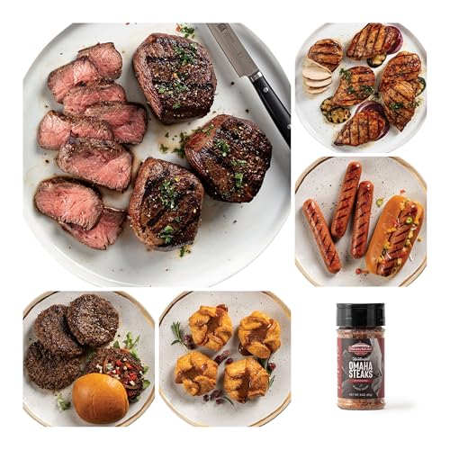 Omaha Steaks Freezer Filler Grilling Gift, 25 Items | 4 top sirloin filets, 4 chicken breasts, 8 classic burgers, 4 jumbo franks, 4 tartlets