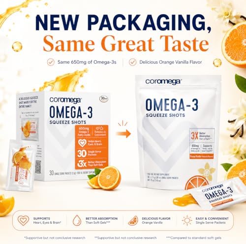 Coromega - Omega 3 Fish Oil Supplement - 30 Squeeze Packets - 650mg | Orange Flavor, 3X Better Absorption Than Softgels, Easy To Take, No Fishy Aftertaste, Convenient Daily Serving