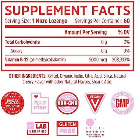 Zhou Methyl B12 - Vitamin B12 5000 mcg, Vegan Friendly - 60 Micro Lozenges | Methyl B-12 Supplement for Women & Men