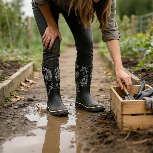 WTW Womens Mid Calf Rain Boots - Waterproof Insulated Neoprene Rubber Boots Mud Outdoor Hunting Garden Boots