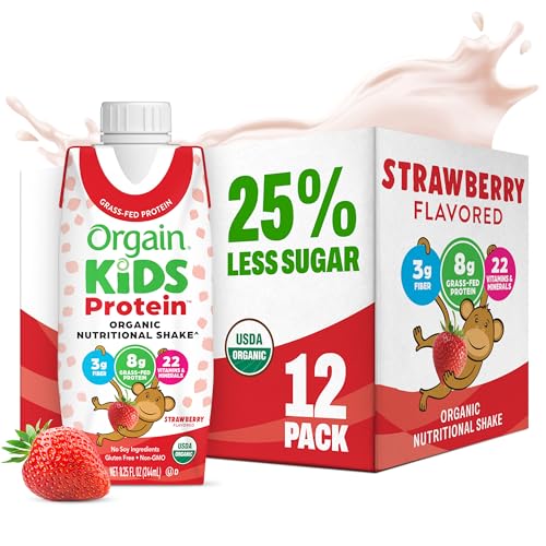 Orgain Organic Kids Dairy 8g Protein Shake, Chocolate, 8.25 oz, 12pk | Nutritional drink, grass-fed protein, 22 vitamins & minerals, 3g fiber, non-GMO, no soy, healthy snack for picky eaters