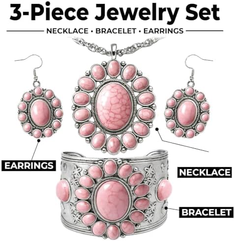 Shop LC Howlite Western Jewelry Set for Women Boho Cowgirl | 3-Piece Necklace Bracelet Earrings, Turquoise-Inspired, Chunky Statement, Southwestern
