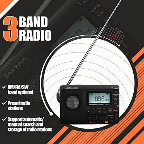 Retekess V115 Shortwave Radio, Digital Radio AM FM | for Camping, Shortwave Receiver, 1000mAh Rechargeable Battery, Presets, TF/AUX Playback