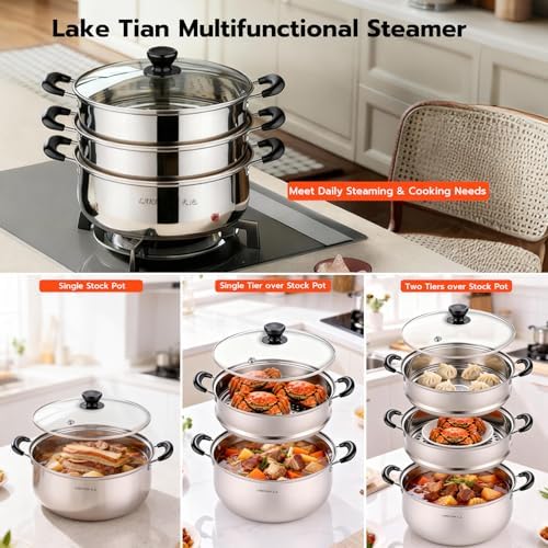 3-Tier 24 Qt Stainless Steel Steamer Pot with Glass Lid – Multi-Layer Stackable Cookware for Tamales