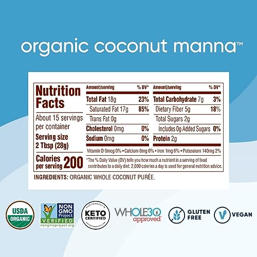Nutiva Organic Coconut Manna Puréed Coconut Butter, 15 Oz (Pack of 2), USDA Organic, Non-GMO, Whole 30 Approved, Vegan, Gluten-Free & Keto