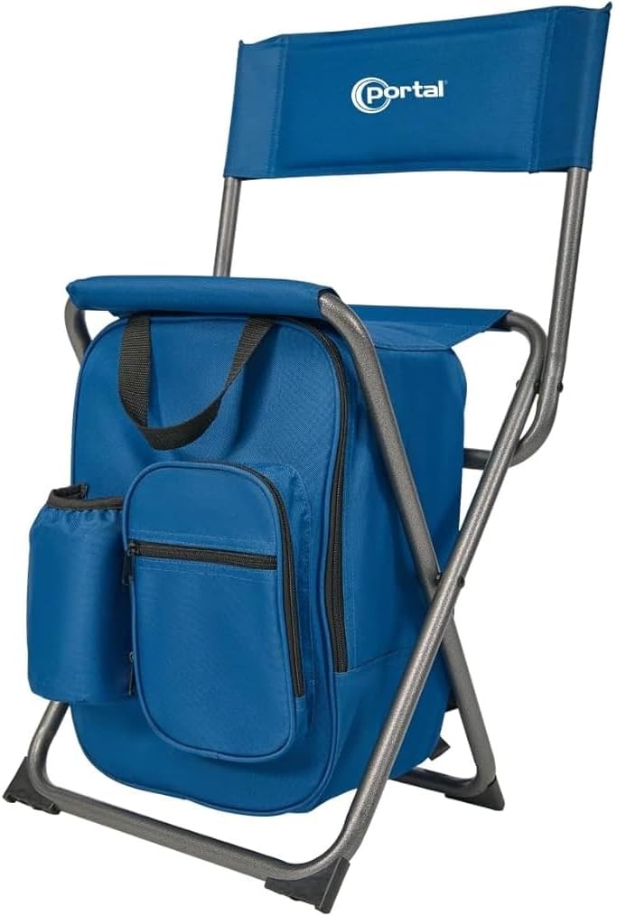 Portal Backpack Cooler Chair with Backrest, Portable Folding Stool | Blue, up to 350 lbs, Cup Holder, Zipper Pocket, Non-slip Foot